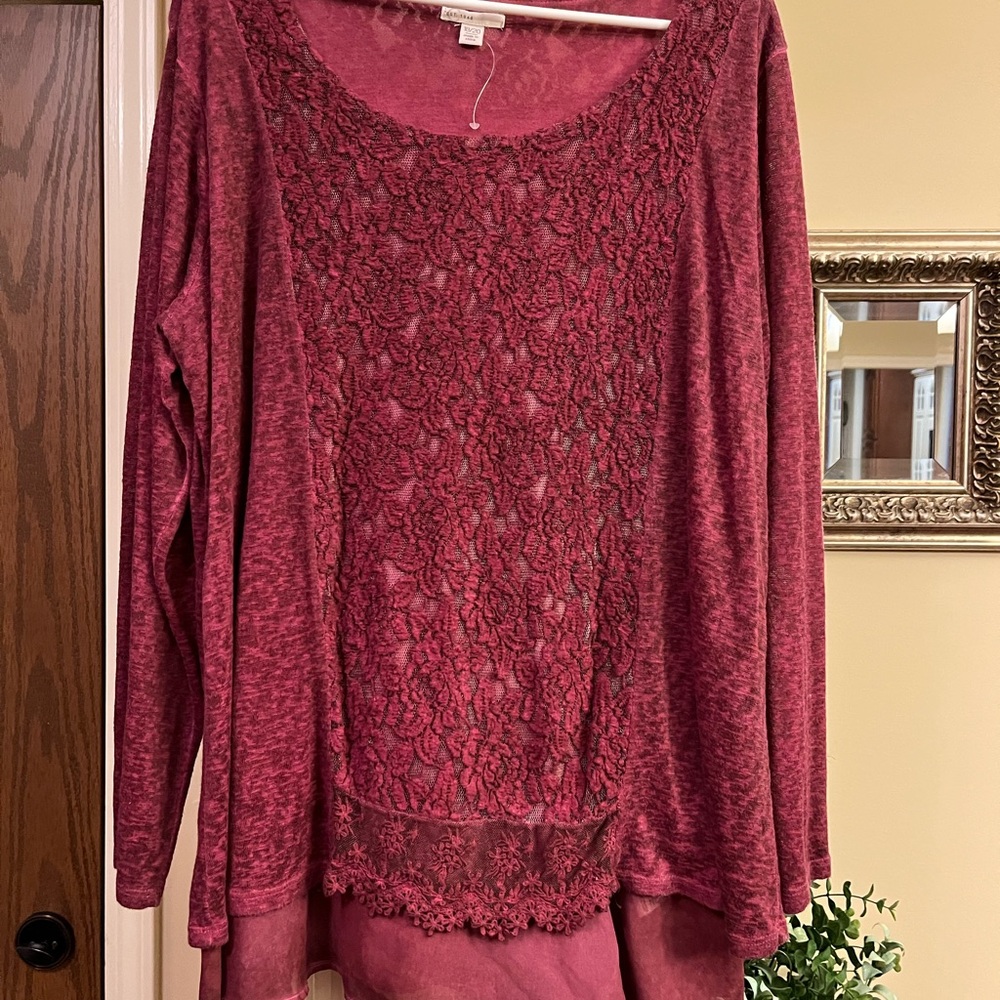 Chic Burgundy Lace Long Sleeve Blouse